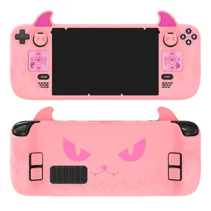 PlayVital Cute Demon Protective Case for Steam Deck LCD & OLED, Kawaii Anti-Slip Protector for Steam Deck OLED with Thumb Grip Caps & Trackpads Stickers & Back Button Enhancement Set - Purple & Black & Pink