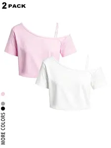 2 Pack Women's One Shoulder Crop Tops, Casual Short Sleeve Off Shoulder Tees, Coquette Aesthetic Style Slim Fit Cropped T-Shirts, Basic Solid Color Summer Y2K Tops for Women, Trendy Going Out Blouses for Daily Party Streetwear Womenswear