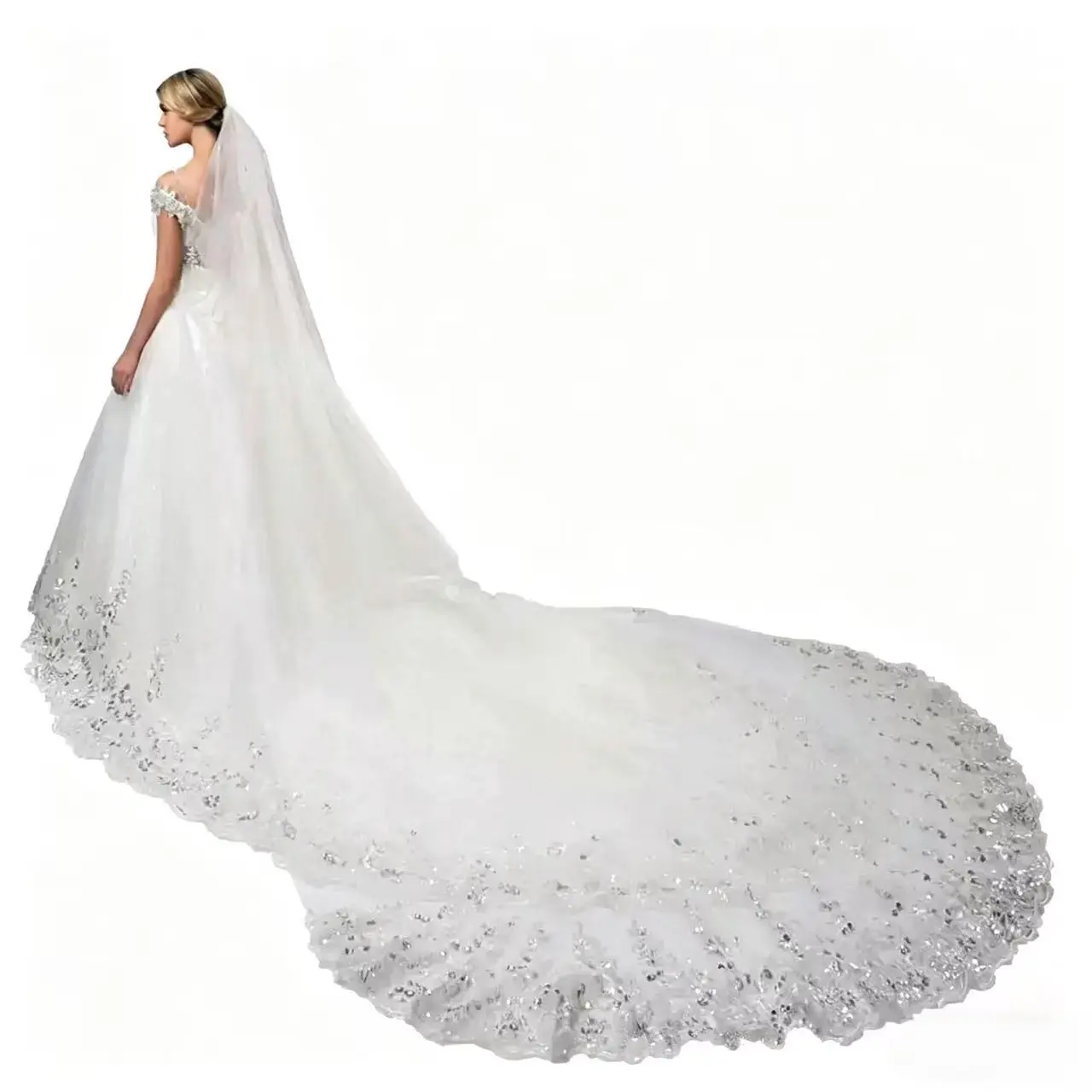 Cathedral Wedding Veil for Brides, 3m Long Sheer Tulle with a Scalloped Silver Sequin Lace Edge and Attached Comb, Wedding Veils For Brides