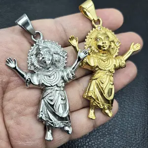 MaxBling81 Iced Baby Jesus Religious Charm Pendant - Stainless Steel, Cubic Zirconia Stones, Unisex Casual Fashion Accessory (Style S-33)