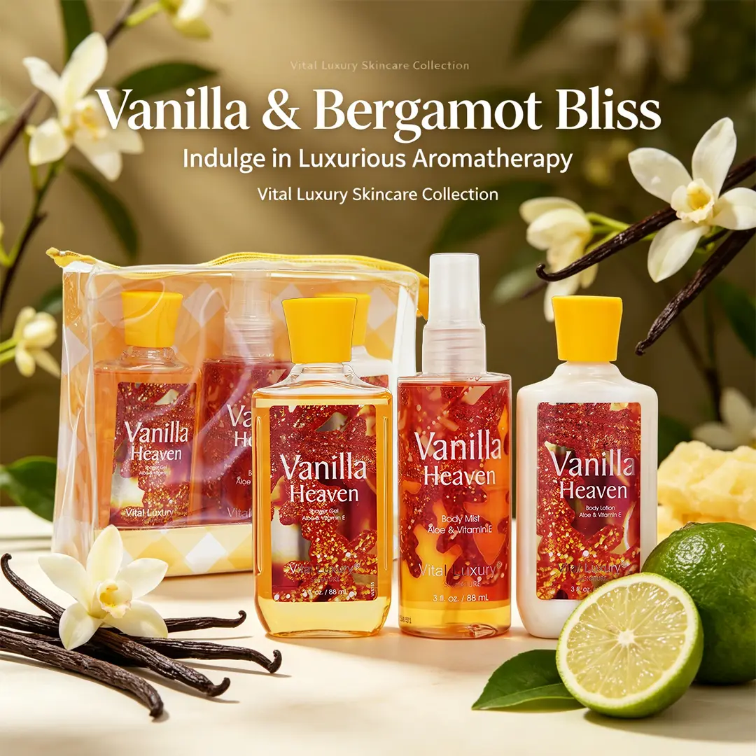 Vital Luxury Vanilla Heaven Bath & Body Care Set – 3oz Shower Gel, Body Lotion, Body Mist ,  Fresh Scent, Moisturizing ,A Must-Have for the Gym,Hotels | Ideal Gift for womon Wedding & Party Favors