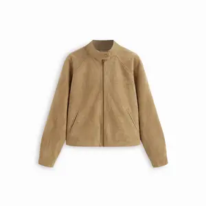 Cider Suede Stand Collar Long Sleeve Zip Through Oversized Jacket