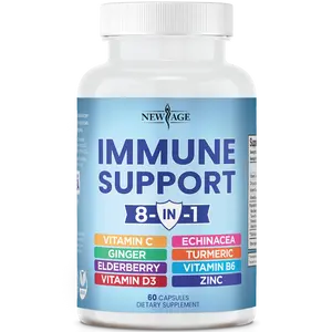 NEW AGE 8 in 1 Immune Support Booster Supplement with Echinacea, Vitamin C and Zinc 50mg, Vitamin D 5000 IU, Turmeric Curcumin & Ginger, B6, Elderberry Dietary Healthcare