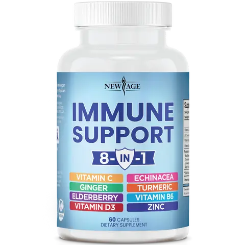 NEW AGE 8 in 1 Immune Support Booster Supplement with Echinacea, Vitamin C and Zinc 50mg, Vitamin D 5000 IU, Turmeric Curcumin & Ginger, B6, Elderberry Dietary Healthcare