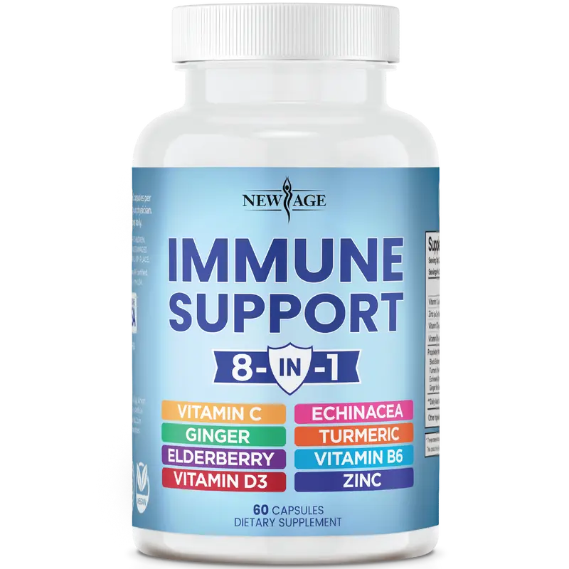 NEW AGE 8 in 1 Immune Support Booster Supplement with Echinacea, Vitamin C and Zinc 50mg, Vitamin D 5000 IU, Turmeric Curcumin & Ginger, B6, Elderberry Dietary Healthcare