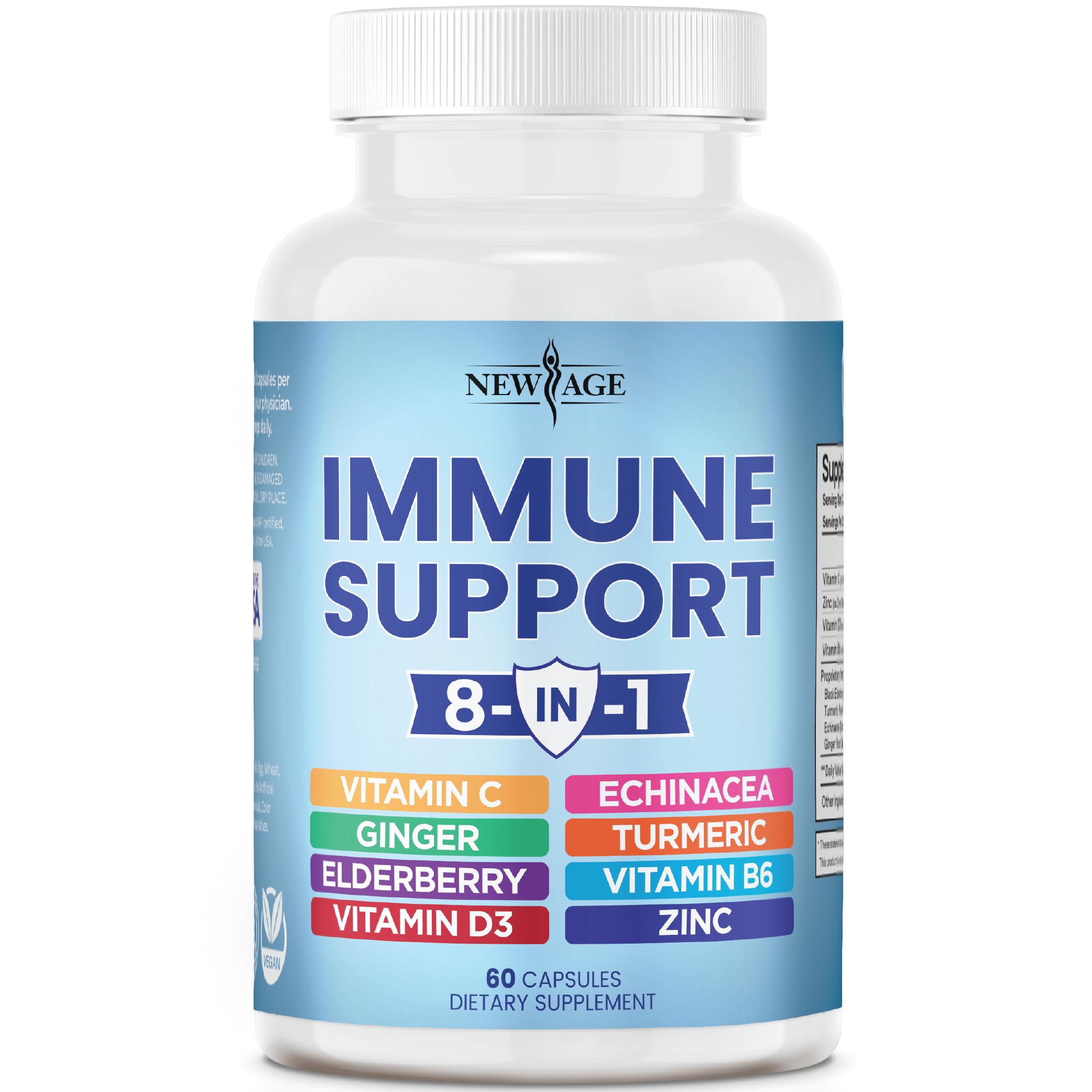 NEW AGE 8 in 1 Immune Support Booster Supplement with Echinacea, Vitamin C and Zinc 50mg, Vitamin D 5000 IU, Turmeric Curcumin & Ginger, B6, Elderberry Dietary Healthcare
