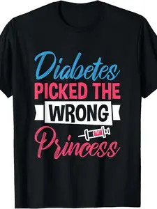 Men's Diabetes Awareness T-Shirt - "Diabetes Suitable for" Slogan & Type 1 Diabetes Symbol, Comfortable Crewneck, Machine-Washable, Plus-Size Casual Tee for Diabetic Men, Print, PLUS SIZE