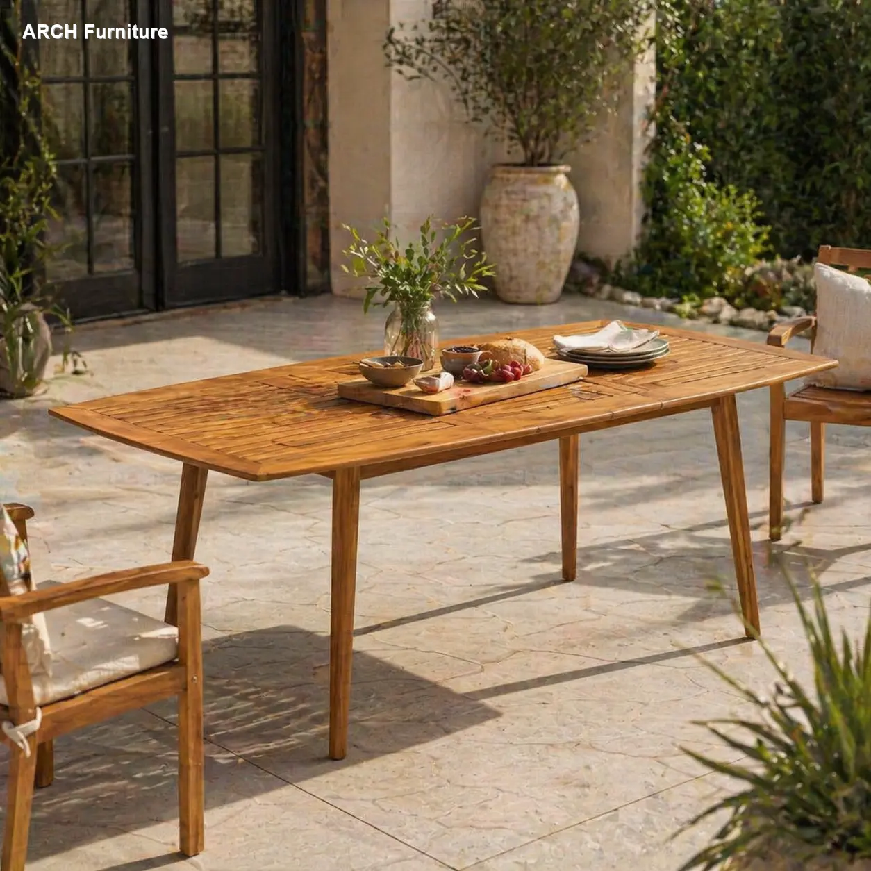Outdoor Acacia Wooden Expandable Dining Table - Garden, Patio Weatherproof Weather Resistant Table, Easy Expansion, Rustic Farmhouse Decor, Slat Top, Tapered Legs, Teak Finish, Garden Dining Table