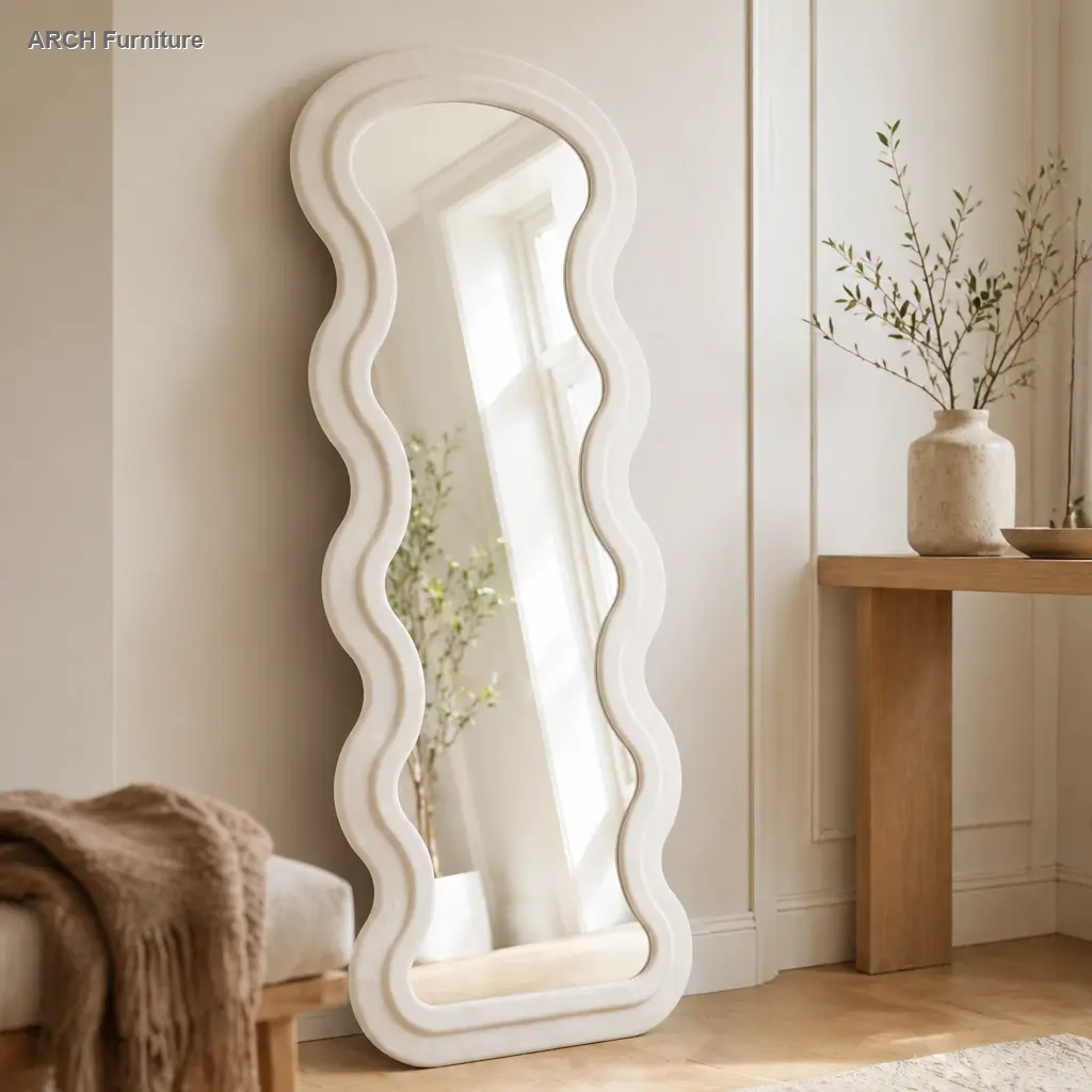 Arch-Shaped Full Body Mirror - White Modern Flannel Cover Wave Design Wooden Standing Mirror, Hanging-Wall Mounted, Women's Clothes Display, Home Decor, Bedroom Decor, Dressing Room Accessory, Wedding Gift