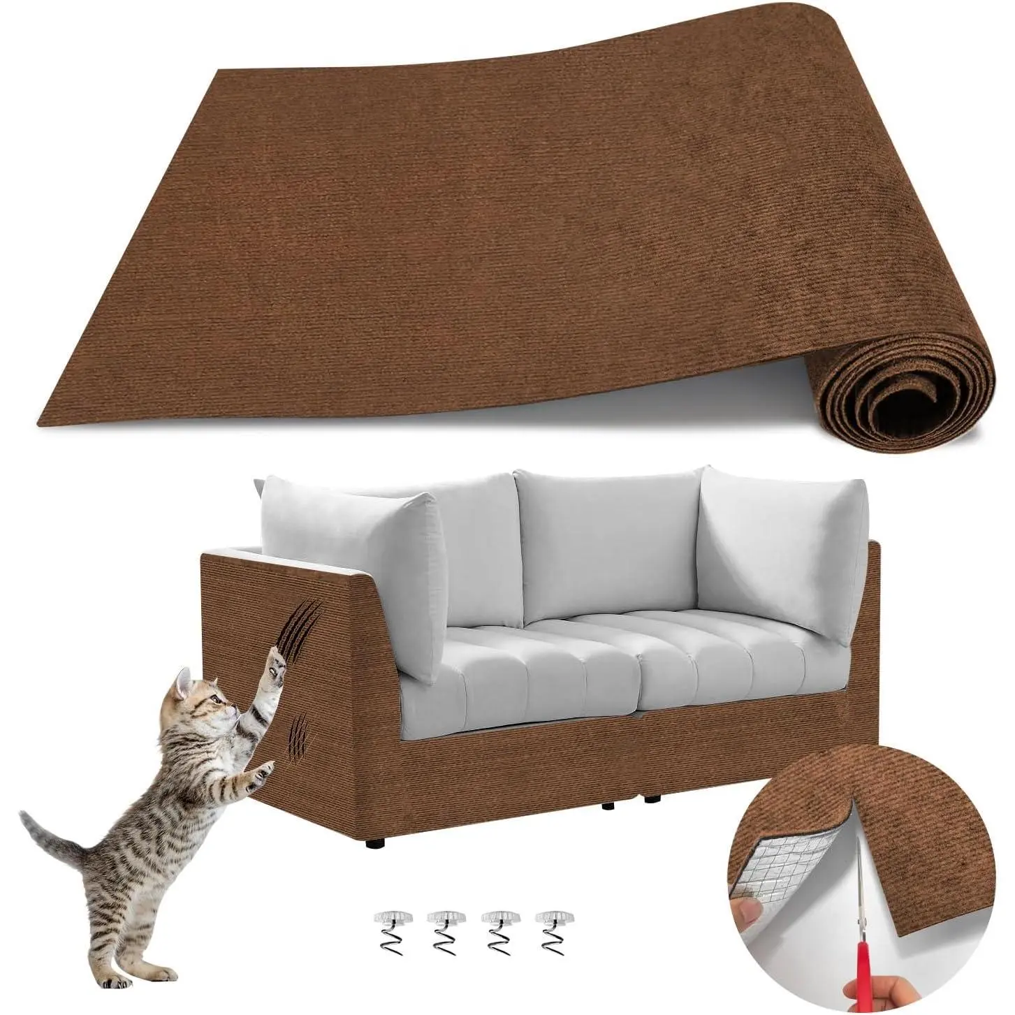 Scratch Couch Furniture Protector, Adhesive  Scratch Pad Deterrent for Furniture, DIY Climbing  Scratcher Couch Protector from  Claws  Mat for Indoor Cats (Brown,39.3x15.8In)