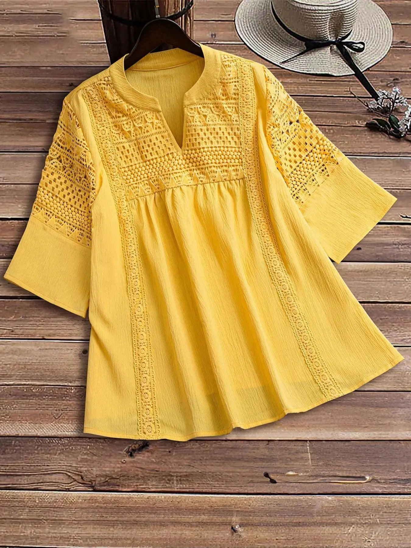 Plus Size Women's Lace Patchwork Woven Shirt, Casual Fashion Blouse, Elegant Long Sleeve Top, Spring & Fall Clothing, Comfortable Loose Fit, Feminine, Womenswear, Casual Blouse Shirts