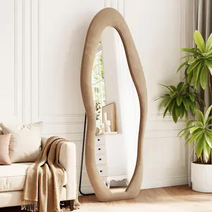 Irregular Full Length Mirror, 63"x24" Flannel Full  Mirrors,  Floor Mirrors with Stand, Irregular Wavy Mirror  or Leaning Against Wall for Bedroom Living Room, Brown