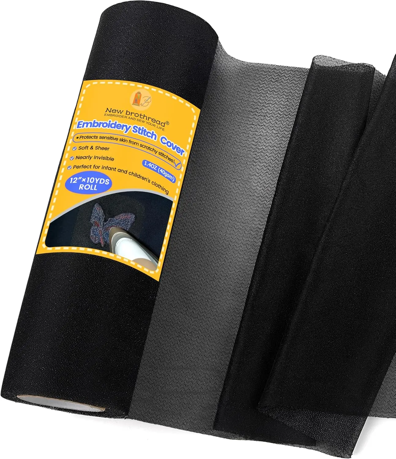 New Brothread Polyester Embroidery Stitch Cover - 12" x 10 Yd Fusible Lightweight Stabilizer, Invisible Sheer Gauze Mesh for Covering Scratchy Stitches