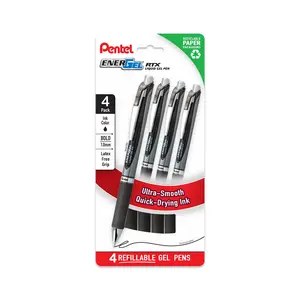 Pentel EnerGel RTX Stainless Steel Refillable Liquid Gel Ink Pens - 1.0mm Bold Tip, Quick-Dry, Smooth-Writing, 4-Pack Office Stationery Supplies, Refillable Markers