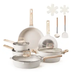 VEVOR 17 Piece Pots and Pans Set, Granite Nonstick Cookware Set, Induction Cookwares, Kitchen RV Cooking Sets with Frying, Sauce, Saute, Tempered Glass Lids, and Pan Protectors, White