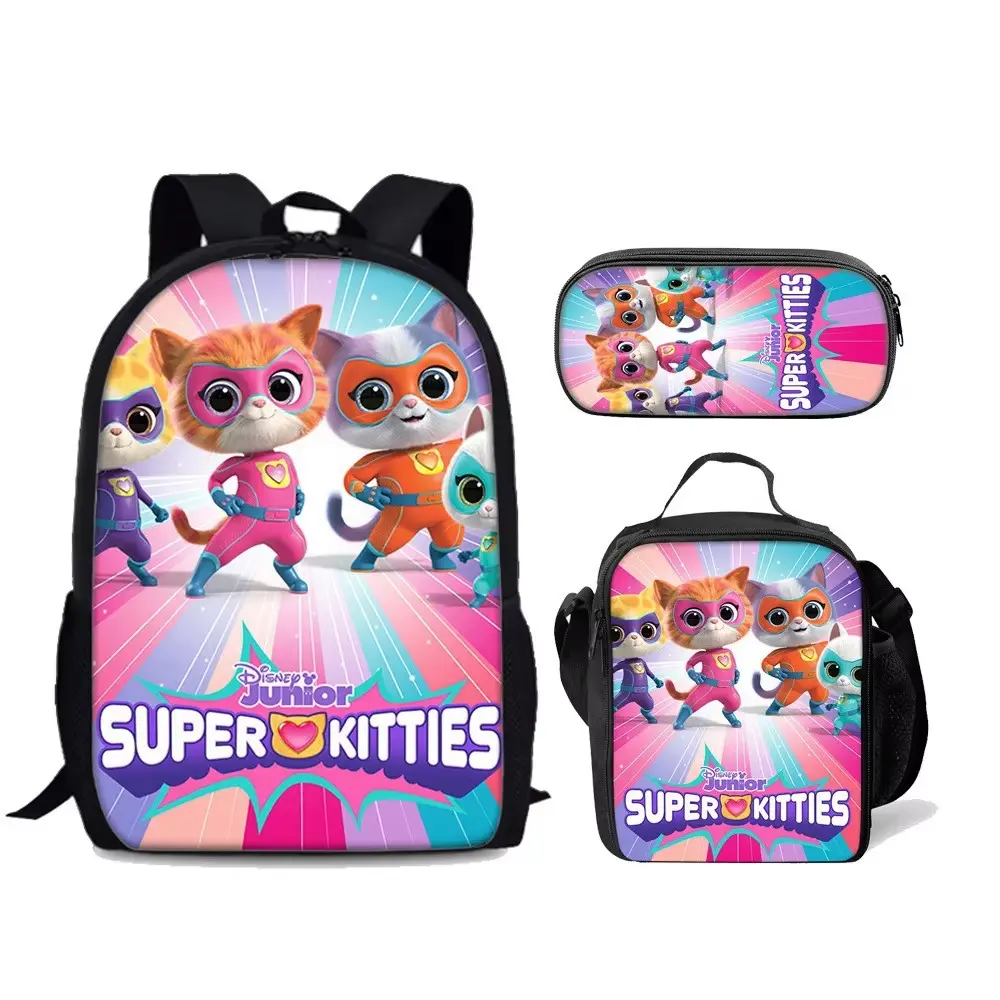 Super Kitties Elementary School Student Bag Three Piece Set Anime Cartoon Backpack Ice Bag Pen Bag