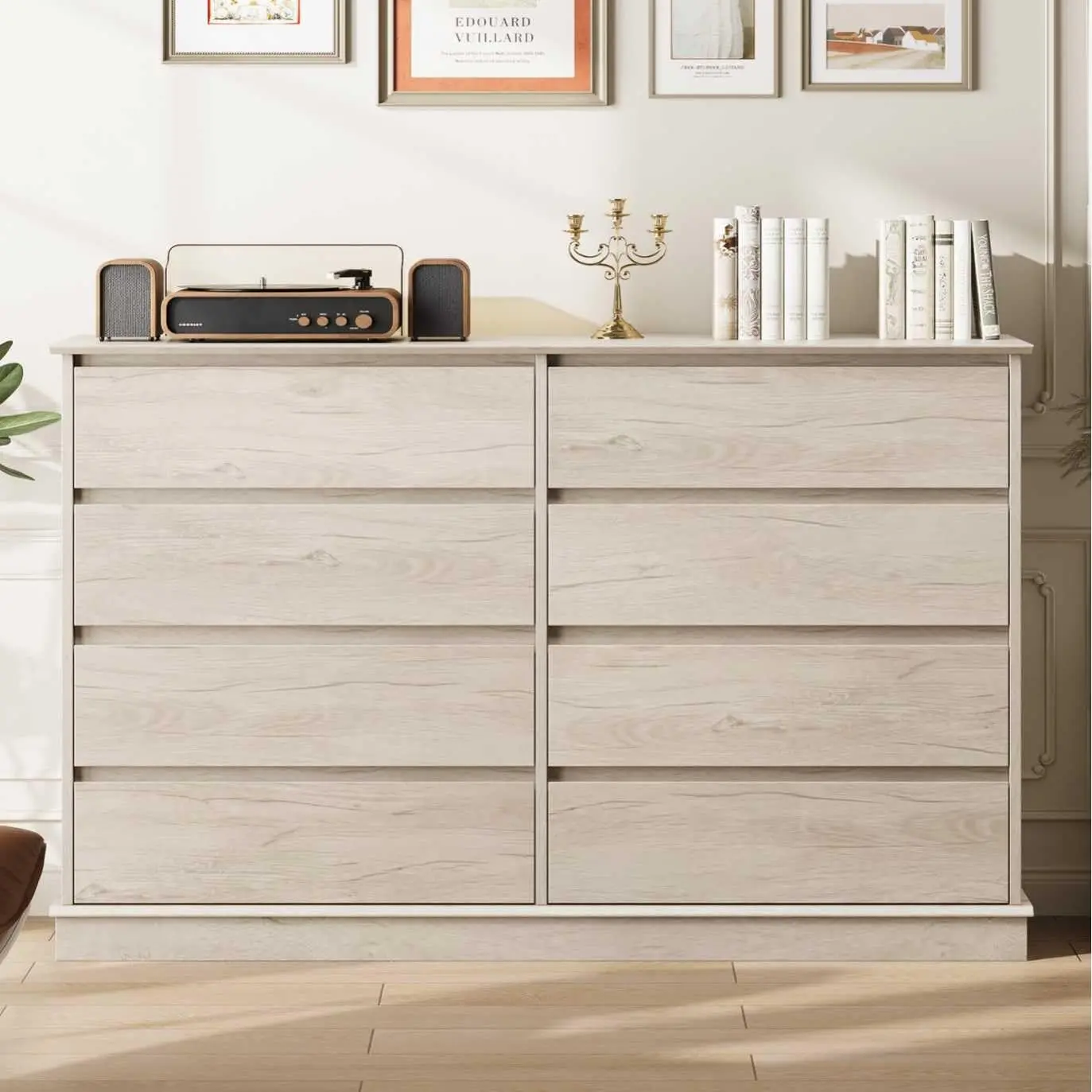 GARVEE Oak 8 Drawer Dresser for Bedroom, Wide Wooden Chest of Drawers with Wide Top for Closet, Hallway, and Living Room Use