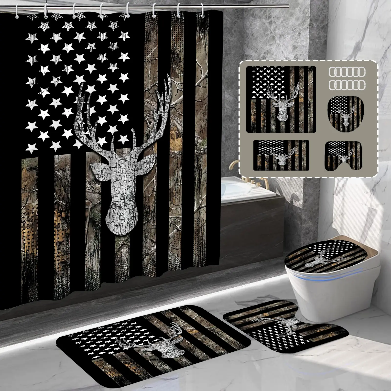 American Flag Elk Shower Curtain Set, Forest Animal Shower Curtain, Rustic Black Bathroom Decor Set,  Party Backdrop, 71 * 71 inches, 12 Plastic Hooks Deer Head Motif Easy To Install