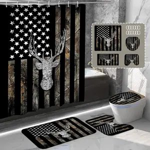 American Flag Elk Shower Curtain Set, Forest Animal Shower Curtain, Rustic Black Bathroom Decor Set,  Party Backdrop, 71 * 71 inches, 12 Plastic Hooks Deer Head Motif Easy To Install