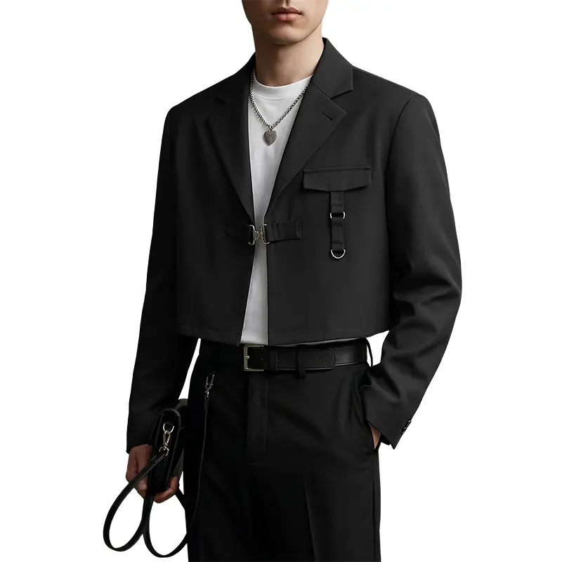INCERUN Men's Fashion Cyberpunk Cropped Blazer - Long Sleeves, Streetwear, Metal Cyberpunk Buckle, Woven Fabric, Pocket Design - Menswear Punk Party, Clubwear Outfits, Plain, Metal Buckle Flair