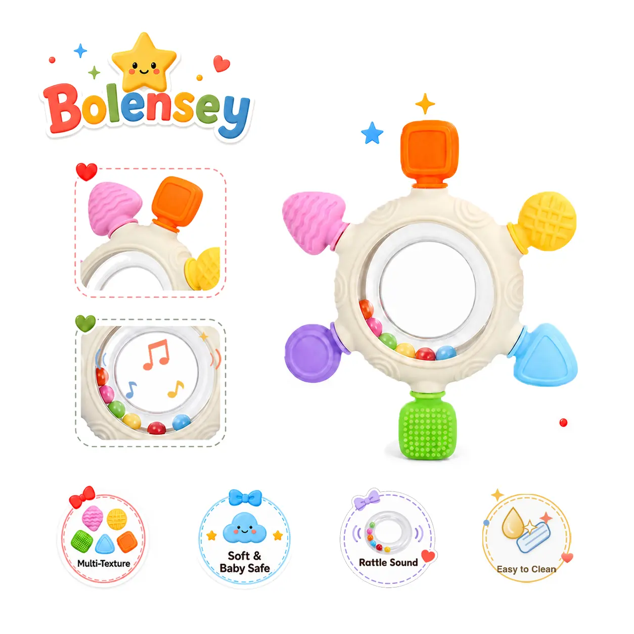 Bolensey Unisex Montessori Geometric Silicone Hand Teether Rattle - 6 Colorful Textured Shapes, Easy-Grip Ring, Detachable ABS Colorful Beads, Geometry Shapes, Textured Tabs, BPA-Free, for 0-12 Months Baby Care, Sensory Play, Grip Exercise