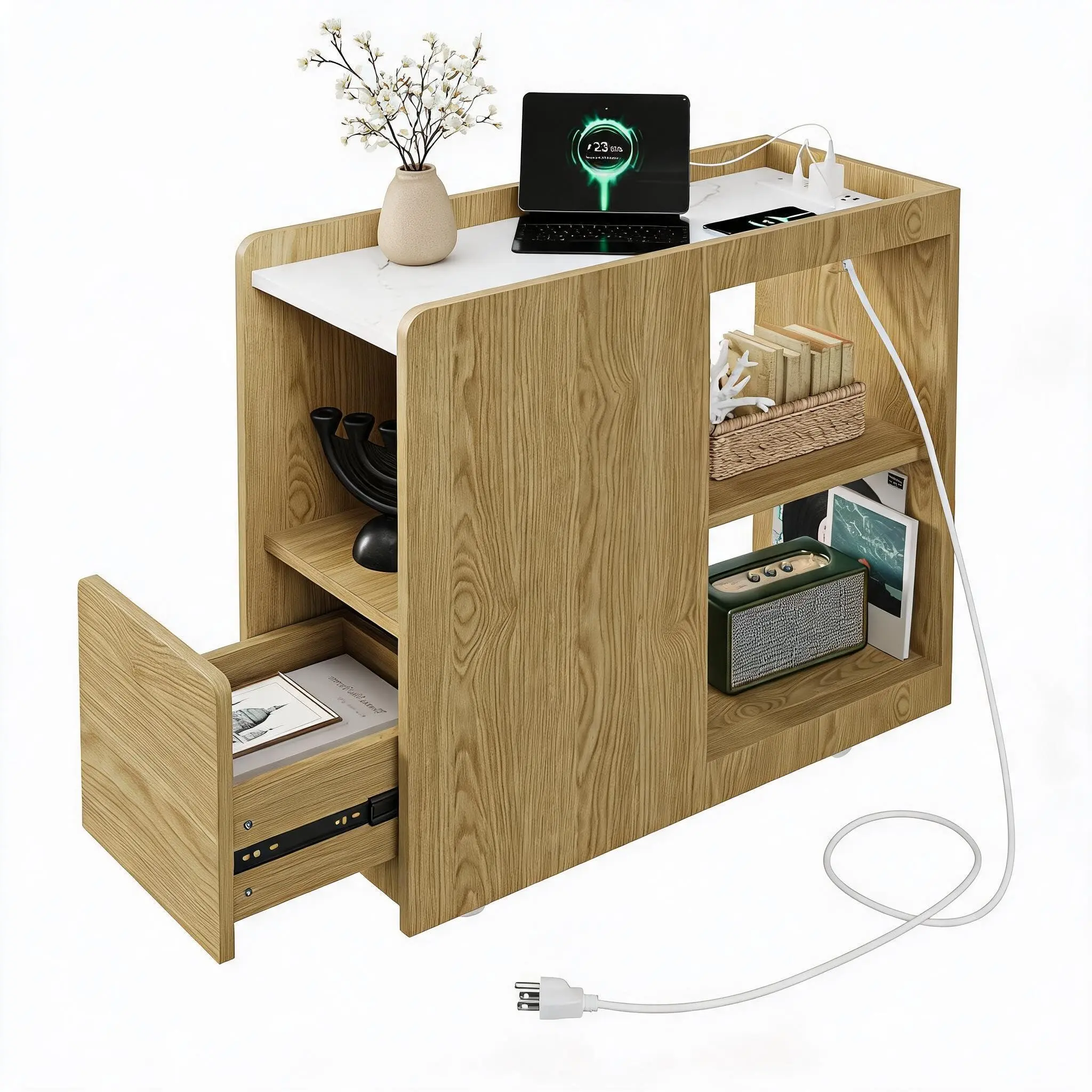 Narrow Side Table with Charging Port, Lockable Wheels, Drawer, Adjustable Shelf - Space-Saving Indoor Outdoor Furniture for Living Room, Bedroom