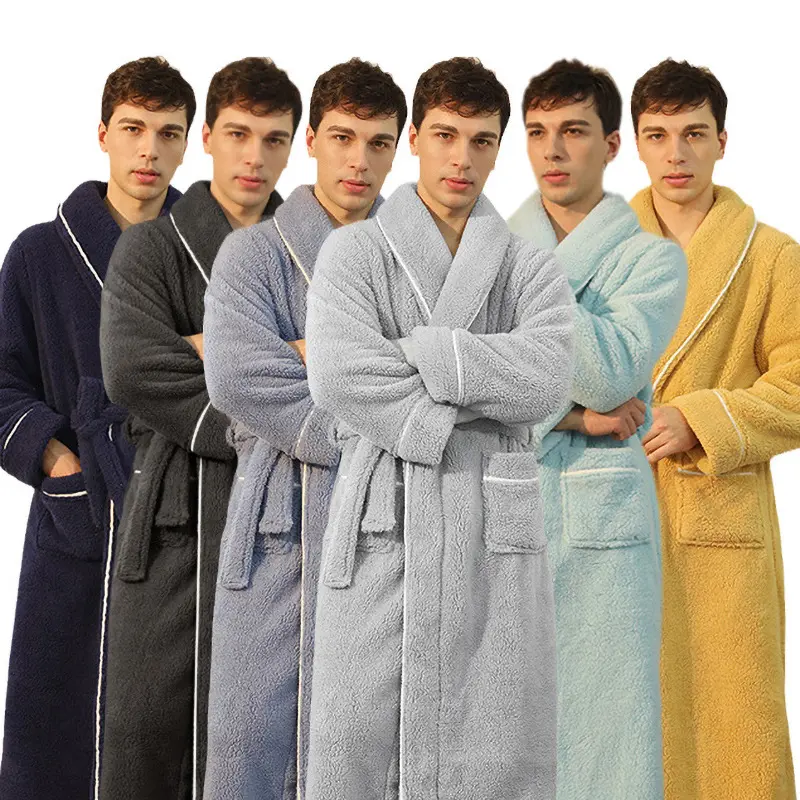 Men's Classic Plush Cotton Fleece Bath Robe - Long Winter Shawl Collar Casual Elegant Loungewear, Oversized Baggy Fit (S-XXXL), Thick Soft Fluffy Wraparound, Deep Pockets, Solid Plain Stylish Aesthetic, Warm-Locking, Machine Washable