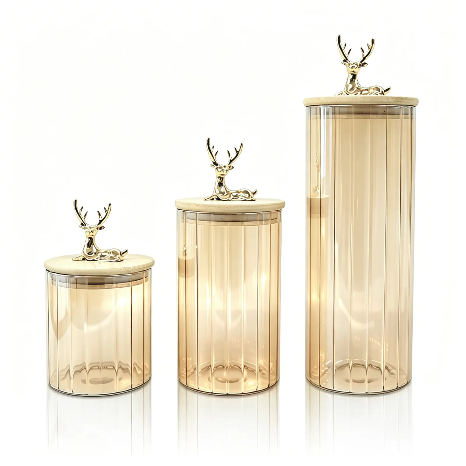 Deer-Decorated Glass Storage Bottles & Jars Set (3-Piece), Transparent Gold-Accented Eco-Friendly Canisters with Gold-Tone Tops, 500ml/700ml/1000ml for Kitchen Organization