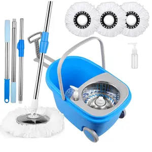 Blue Spinning Mop and Bucket Set with Wheels/Handle, 61inch Adjustable Mop Pole, 3pcs Microfiber Mop Heads, Home Cleaning Tools for Household Items