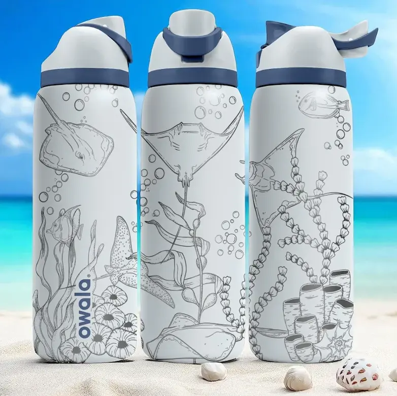 Owala FreeSip 32oz Stingray Engraved Water Bottle | Ocean Sea Life Design Stainless Steel Vacuum Insulated Travel Bottle | Custom Laser Engraved Drinkware with Straw Lid