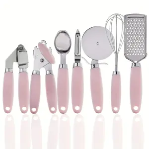 7-Piece Stainless Steel Kitchen Utensil Set - Manual Kitchen Gadgets with Comfort Grip Handles - Multifunctional Cooking Tools Including Whisk, Grater, Peeler, Ice Cream Scoop, Can Opener, Garlic Press, and Pizza Cutter