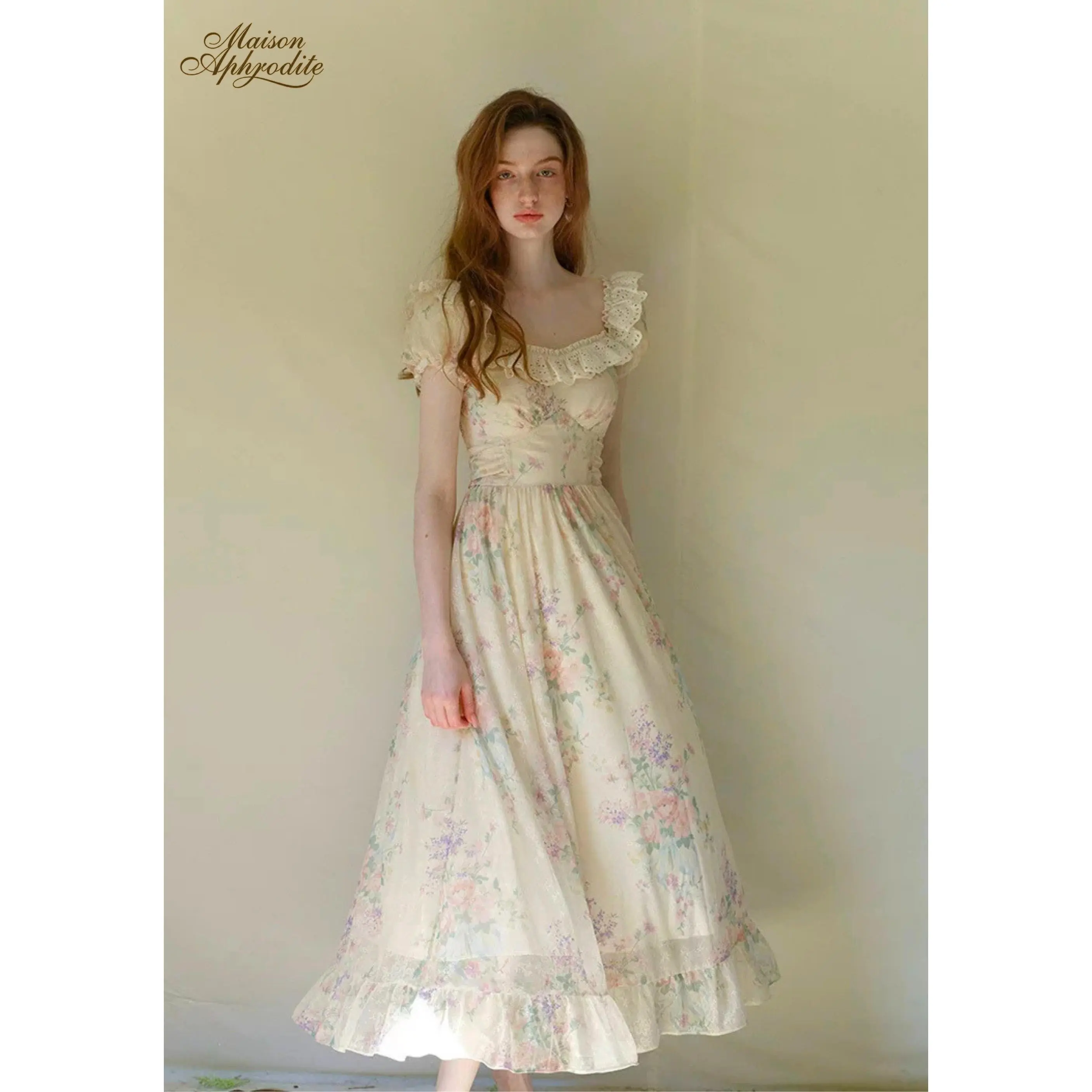 Women's Vintage Fairy-Style Pullover Casual Dress, Antique Garden Patchwork Embroidered Design, Feminine