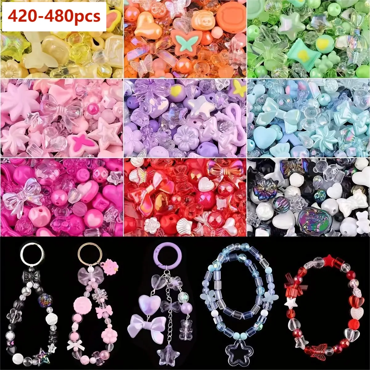 Cutecore Jewelry Making Kit - 420-480pcs Mixed Colors Acrylic Beads with Flower, Heart, Bear & Candy Charms for DIY Bracelets & Bangles, Includes Bell & String