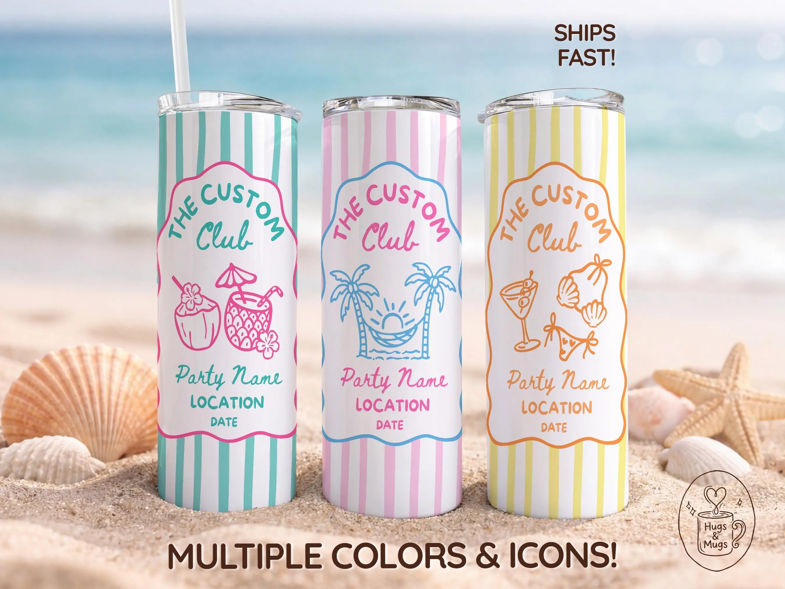 Custom Party Tumbler, Beach Club Skinny Cup, Personalized Name Date Location, Tropical Bachelorette Gift, Girls Trip Party Favor