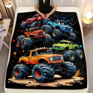1pc Monster Truck Blanket - Heavy-Duty Truck Design with Monster Trucks Racing, Soft Warm Flannel Fabric All-Season Bedspread for Boys' Bedroom, Living Room, Camping, Travel - Birthday Gift for Truck Lovers