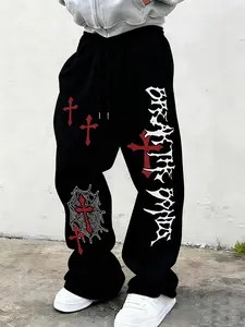 Men's Gothic Cross Spider Web Print Wide Leg Sweatpants, Dark Street Style, Loose Fit, Contrast, Casual Trousers