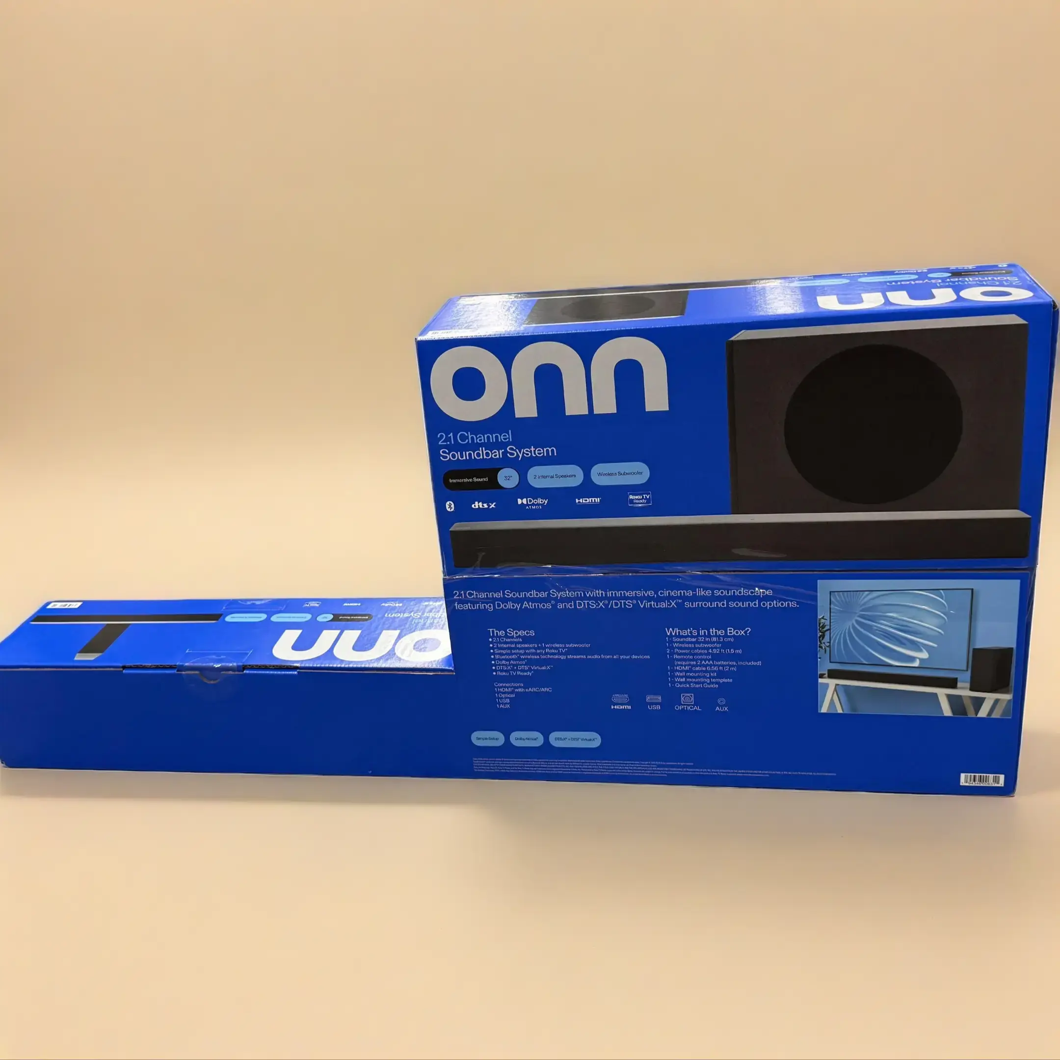 Onn 2.1 Soundbar Wireless Subwoofer With Remote Control, AC Power cables,HDMI cable ,wall mounting  template