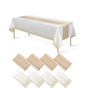 Gold Dot Tablecloth and Satin Table Runner Set, Disposable Plastic Tablecloths for Weddings, Birthdays, Halloween, Christmas, Parties, Party Table Decor