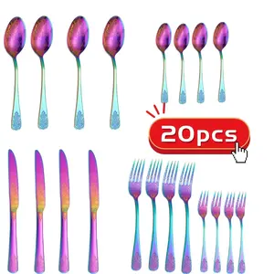 20/30pcs Premium Retro Floral Patterns Stainless Steel Cutlery Set with Mirror-polished Finish Rainbow Gold Color for Mother's Day Easter Anniversaries