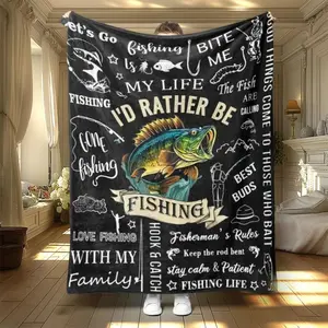 Letter & Fish Pattern Blanket Soft Flannel Blanket is The Perfect Gift for Christmas and lovers Soft Warm Cozy Throw for Bed Sofa Nap Travel, Cute Home Decor