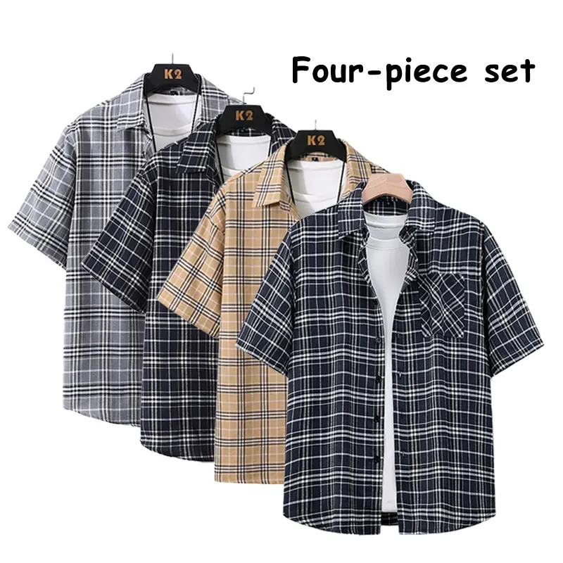 Men’s 4-piece casual plaid short-sleeve button-down shirt set with lapels for everyday wear, going out, and summer trips