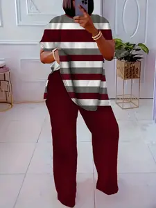 Women's Fashionable Striped Print Short Sleeve Long Pants Set, Loungewear, Homewear, Nightwear, Casual Everyday Outfit Comfortablepajamas Wear, Stylish Plus Size, Pjs, Lady, Womenswear