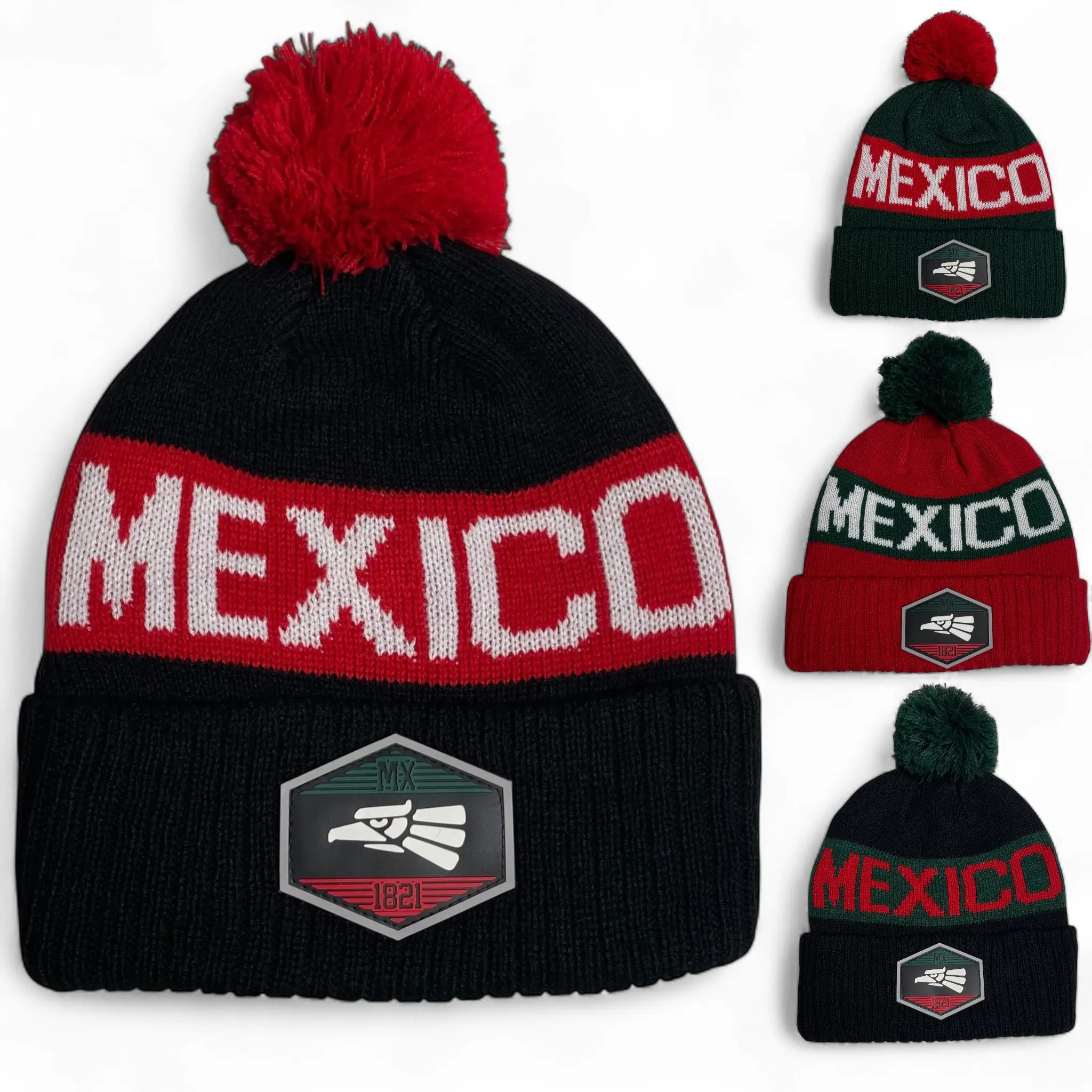 Hecho en Mexico Pom Beanie PVC Eagle Patch Winter Hat