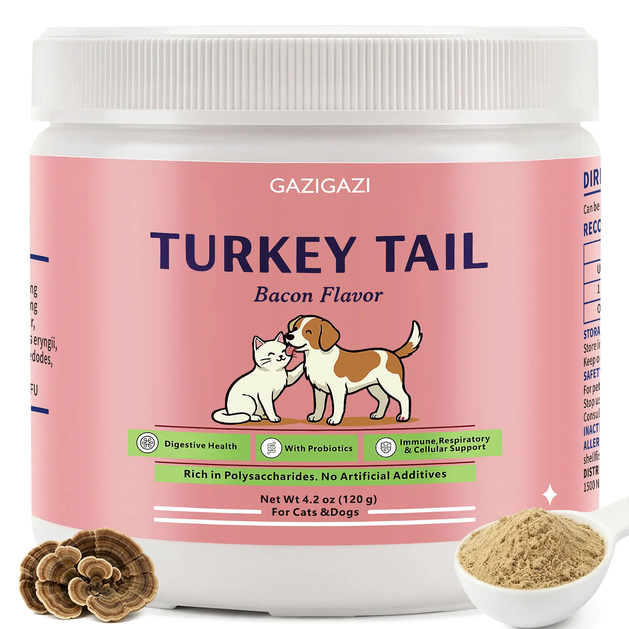 GAZIGAZI Turkey Tail Grain-Free Dog Food Topper - Bacon Flavor, Turkey, Reishi Mushrooms, Probiotics for Lipomas, Immune & Gut Health, Natural Allergy Relief, No Preservatives, No Surgery Needed, 120 Servings, Single Item (For Dogs)