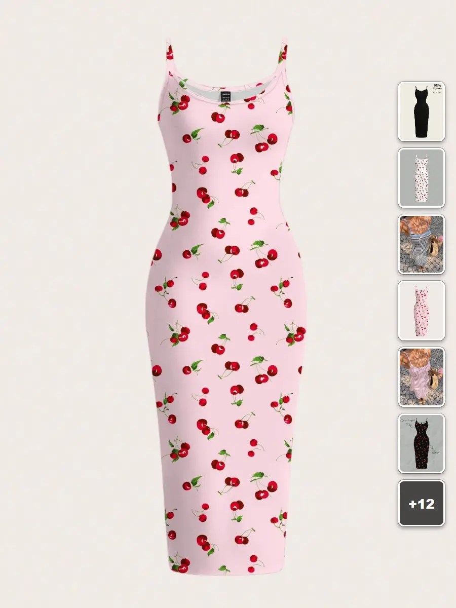 FLASH Bodycon Slip Dress Cherry Print Y2K Summer Going Out Dress
