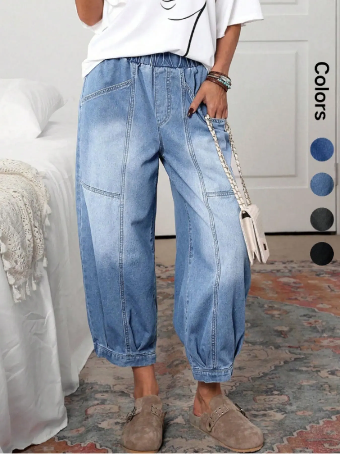 New Four-Season Loose Fit Harem Ankle Light Wash Jeans Pants for Young Fashionistas, Casual Mid-Waist Elastic Denim Womenswear Jeans Streetwear for Daily Wear and Street Style, Trouser Bottom