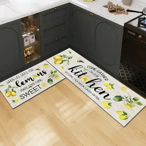 2 Piece Set Washable Kitchen Mat with Lemon and Bee Elements - Anti-slip Floor Mat, Rectangle, Diatomaceous Earth Material, Polyester Fiber, Suitable for Living Room, Laundry Room, Bathroom Enhance the Room Decoration and Floor Protection