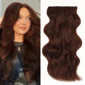 [ Qbeauty ] Reddish Brown Clip- in Synthetic Hair Extensions Long Wavy 4PCS Thick Hairpieces Double Weft Natural Hair Extensions for Women