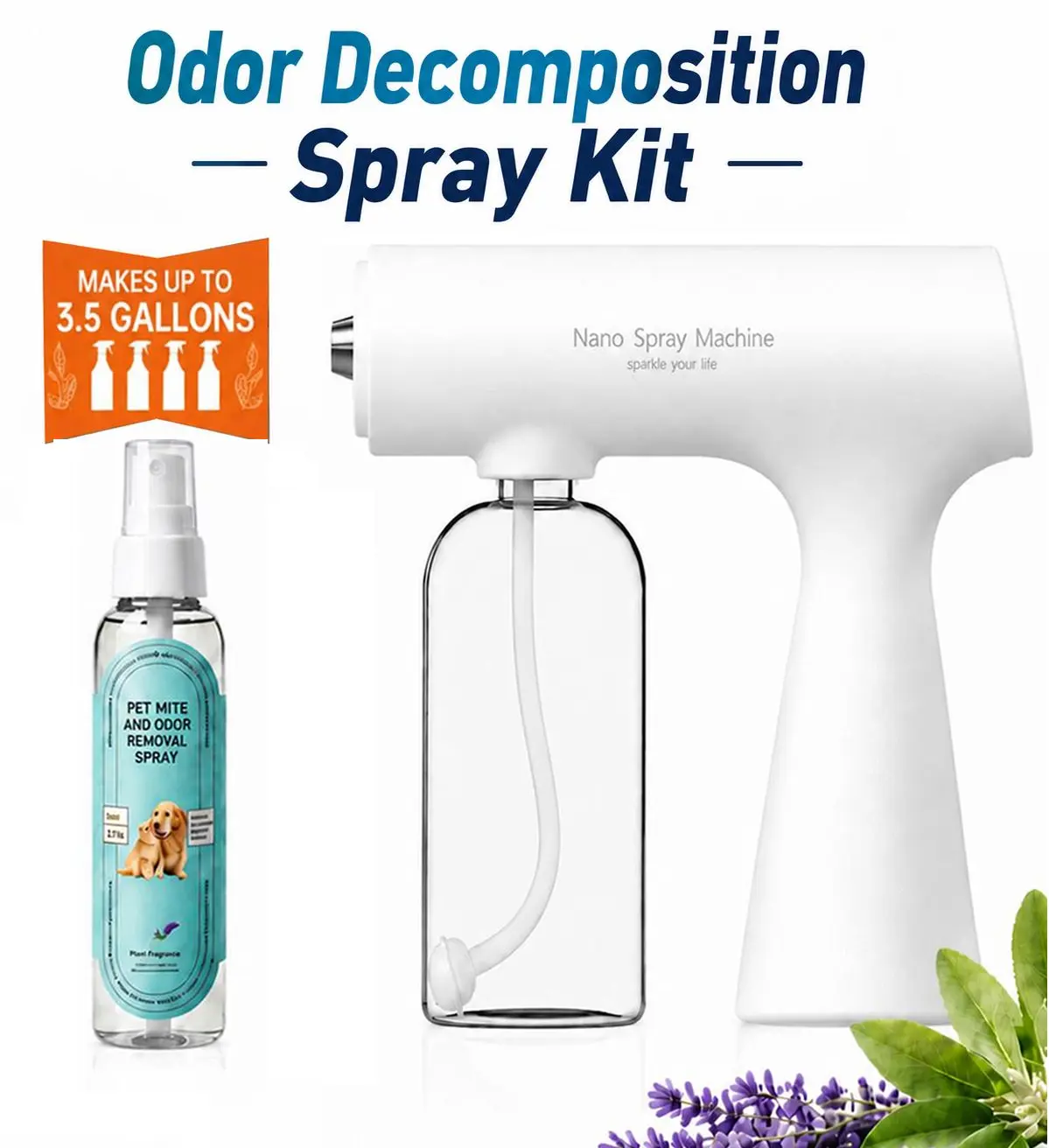 Pet Odor Eliminator Concentrate Bottle+Gun Kit - 150mL Makes Up to 3.96 Gal, Bio-Enzyme Formula Neutralizes Stains, Fresh Sage Fragrance Cleaning Spray Odor Destroyer for Home & Car