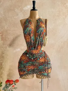 Summer Boho Bohemian Sun Print Backless Halter Mini Dress, Womenswear, Lady, Casual Wear, Frill Shell Tassel Tight Fit, Vintage Hippie Festival Style, Perfect for Beach and Festivals